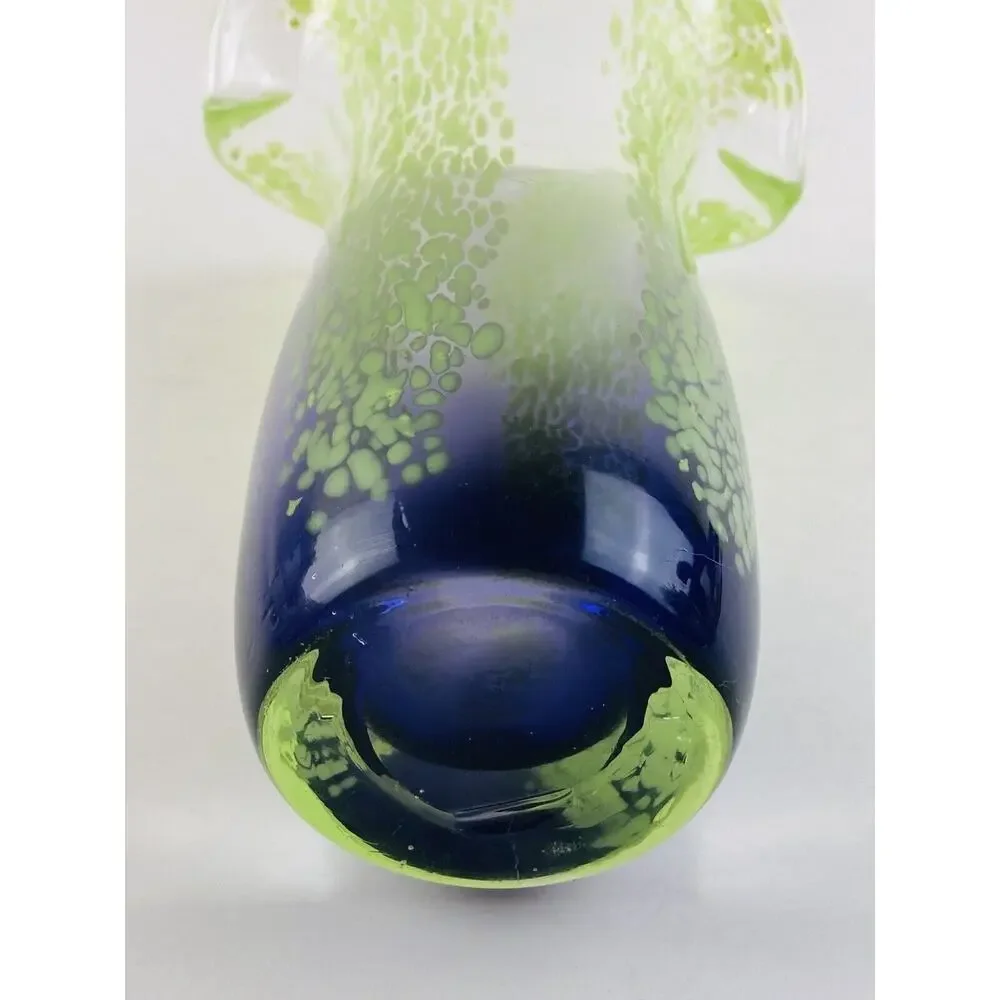 Art Glass Blown Vase 8” Blue Lime Green Splatter Speckle Stripe Wide Mouth Flare
